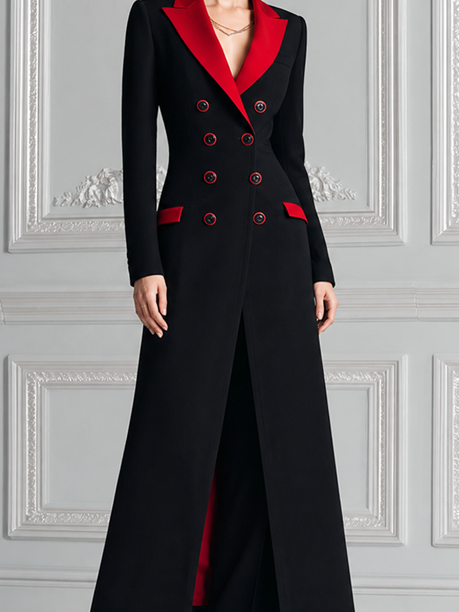 Black Red Contrast Longline Blazer Coat & Wide Leg Pants Set