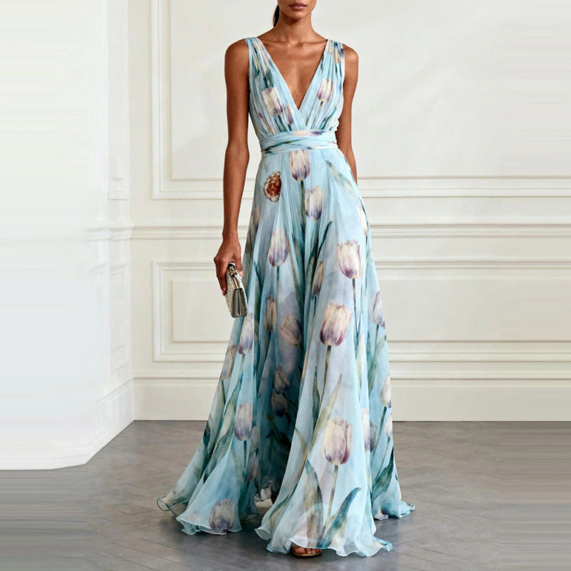 Elegant Tulip Print V-neck Maxi Dress