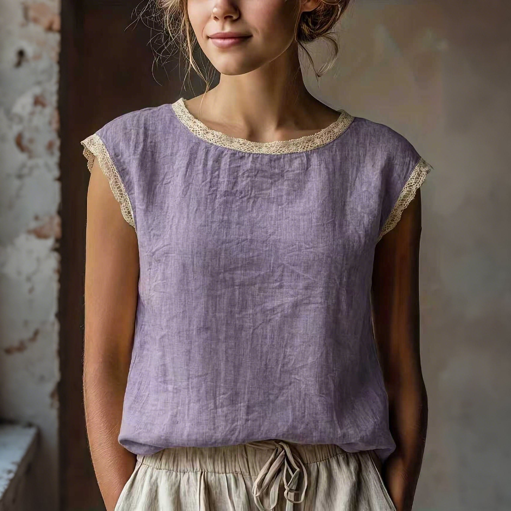 Retro Loose Solid Color Round Neck Lace Patchwork Sleeveless T-shirt