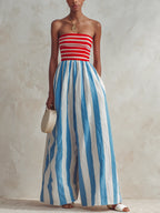 Red & White Striped Strapless Top With Blue & White Striped Wide-Leg Jumpsuit
