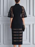 Mock Neck Floral Lace Flutter Sleeve Sheer-Stripe Hem Bodycon Midi Dress