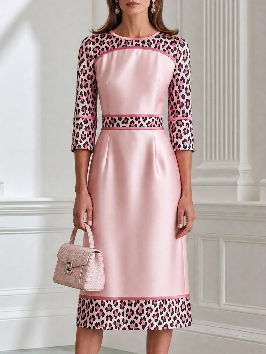 Elegant Leopard Print Panel Contrast Trim A-Line Midi Dress