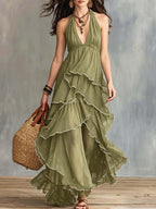 Women's Solid Color Ruffled Art Stylish Chiffon Casual Dress