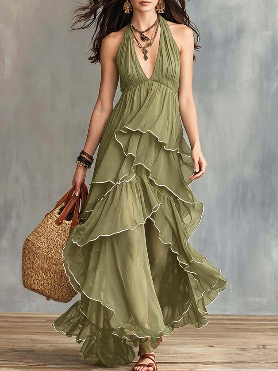 Women's Solid Color Ruffled Art Stylish Chiffon Casual Dress