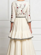 White Crew-Neck Floral Embroidered A-Line Maxi Dress With Tiered Ruffles