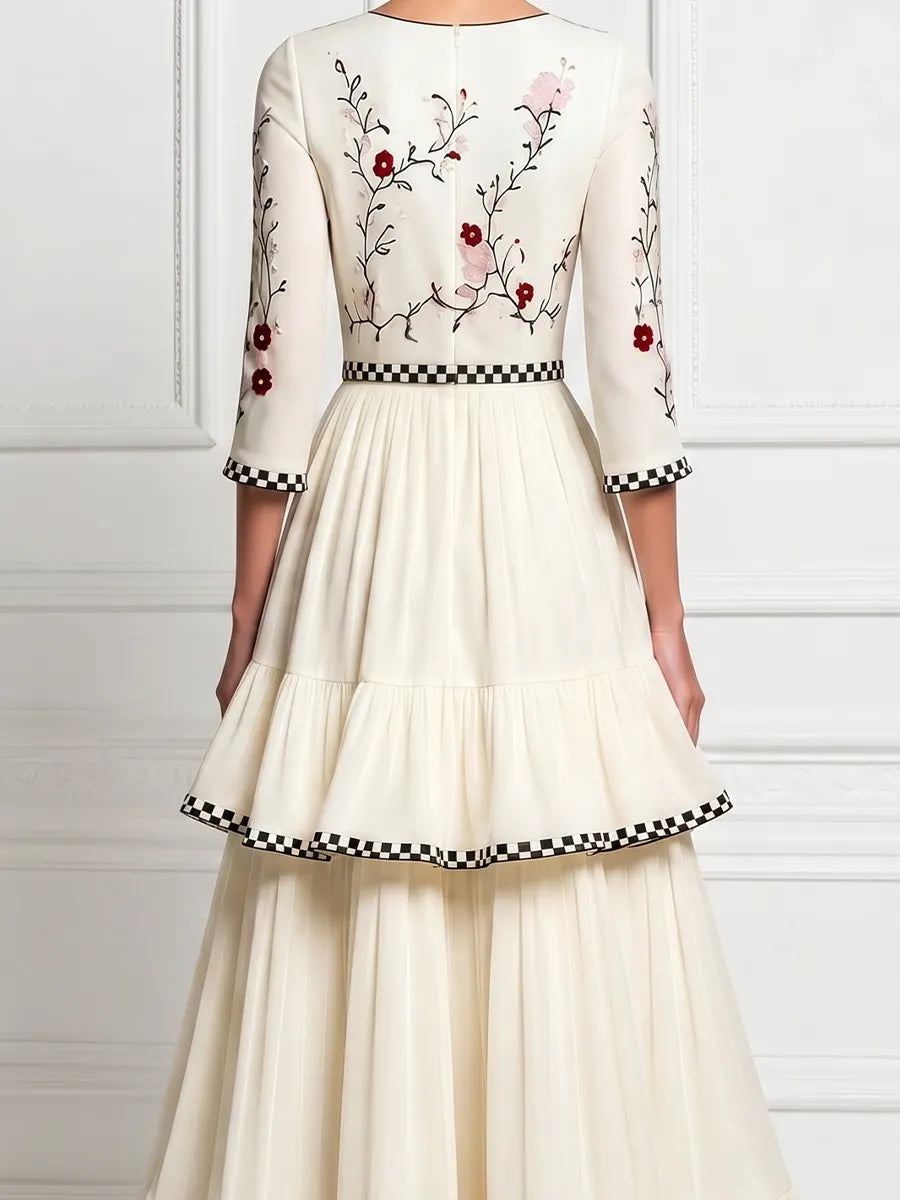 White Crew-Neck Floral Embroidered A-Line Maxi Dress With Tiered Ruffles