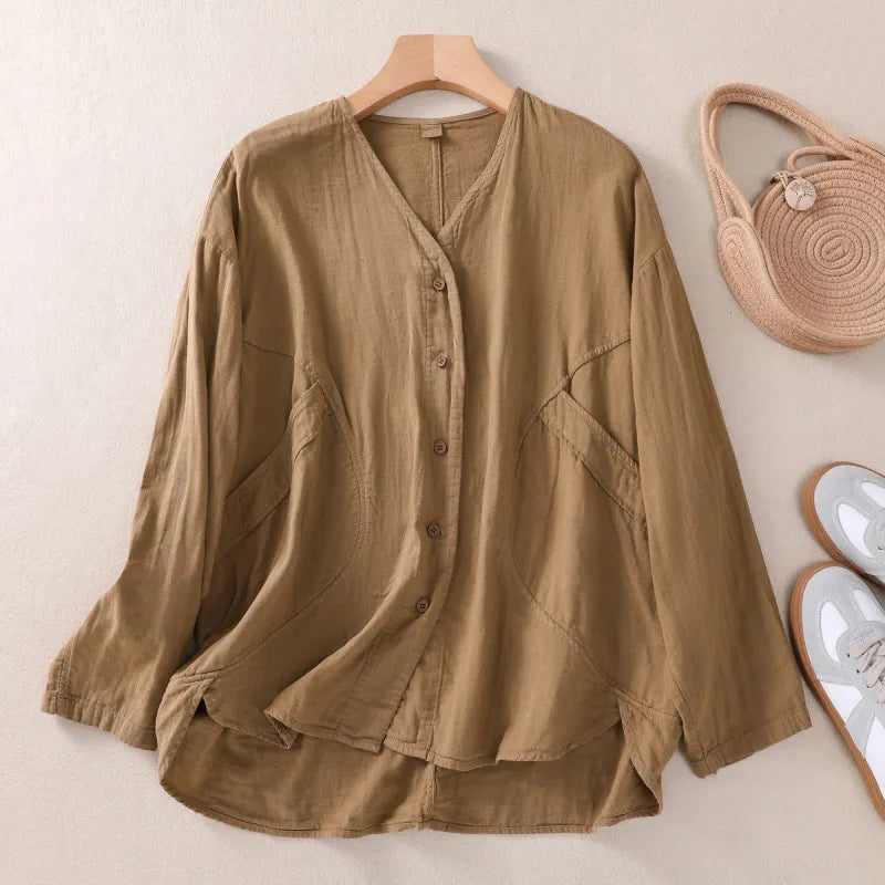 Solid Color V-Neck Long Sleeved Loose Shirt
