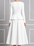 Ivory Round Neck Peplum Waist Pleated A-Line Midi Dress