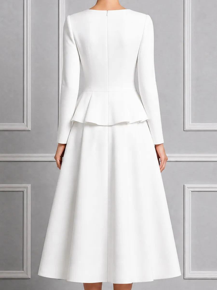 Ivory Round Neck Peplum Waist Pleated A-Line Midi Dress
