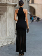 Black Halter High Neck Bodycon Midi Dress Sheer Vertical Pleated Mesh Mermaid Hem Gown