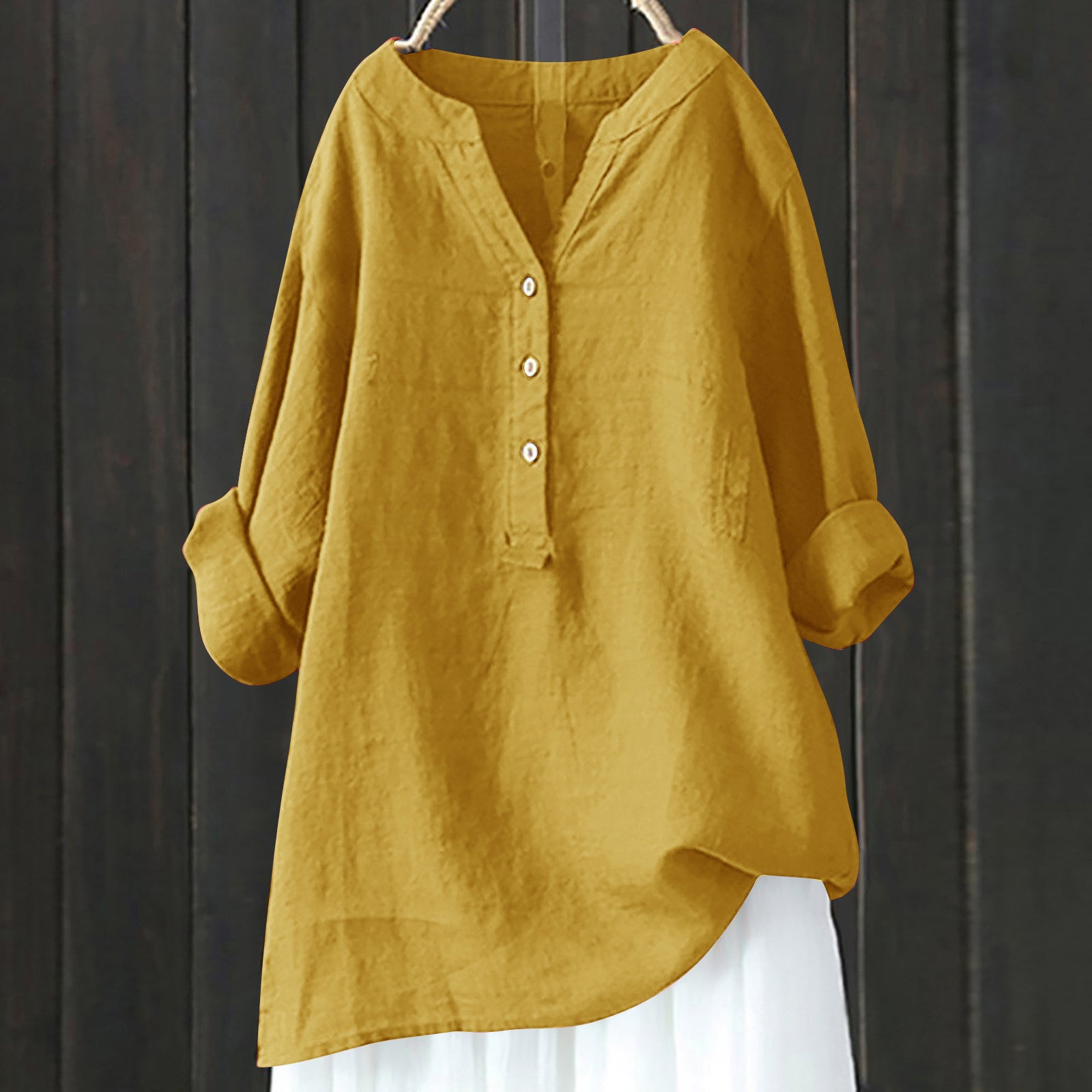 Vintage Button Cotton Linen V Neck Comfy Shirt