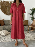 Casual Polo Collar Linen And Cotton Short-sleeved Dress