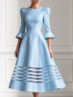 Elegant Puff Sleeves & Sheer Stripe Hem A-Line Midi Dress