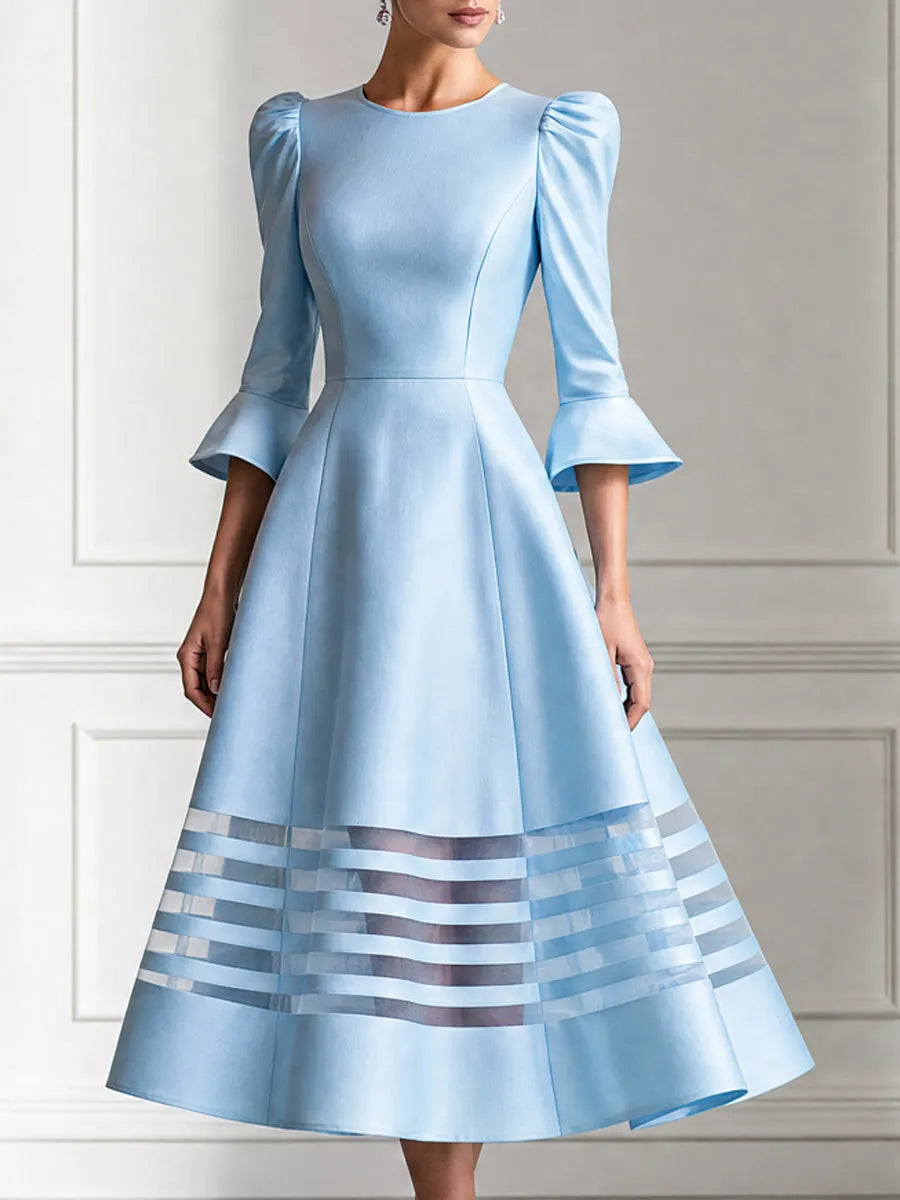 Elegant Puff Sleeves & Sheer Stripe Hem A-Line Midi Dress