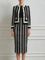 Black White Vertical Stripe Round Neck Gold Button Tailored Jacket & Pencil Skirt Two-Piece Suit Set