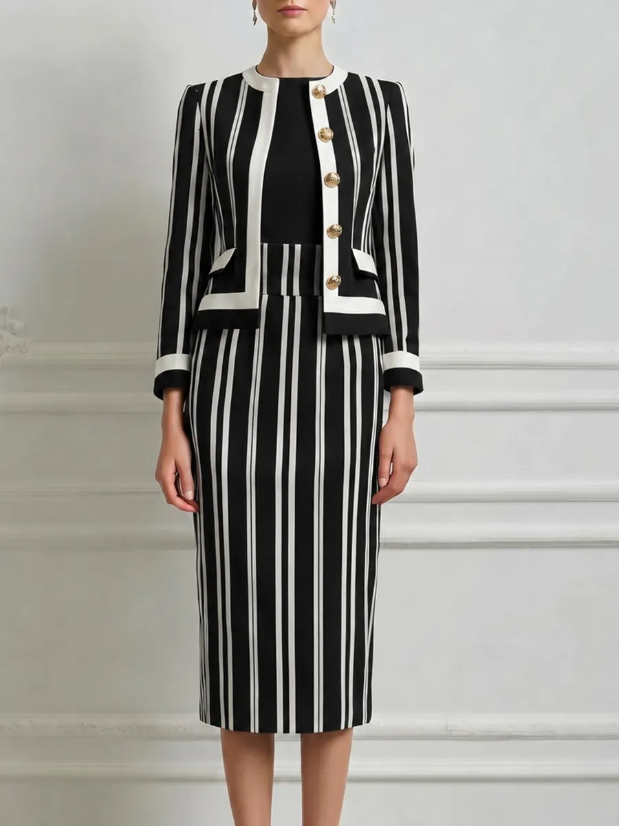 Black White Vertical Stripe Round Neck Gold Button Tailored Jacket & Pencil Skirt Two-Piece Suit Set