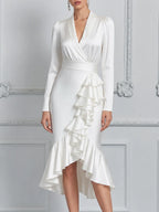 White Dress Fall Wedding Guest Dress Satin Wrap Ruffle Midi Dress