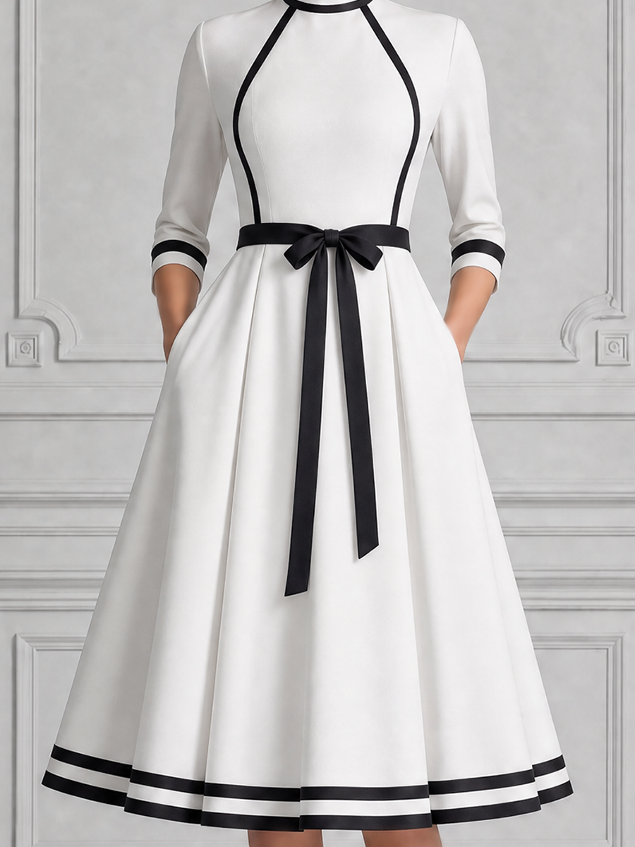 White Dress Contrast Trim Bow Belt A-Line Midi Dress