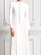 Ivory Stand Collar Gold Button Pleated A-Line Midi Dress