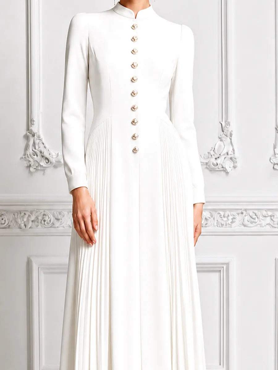 Ivory Stand Collar Gold Button Pleated A-Line Midi Dress