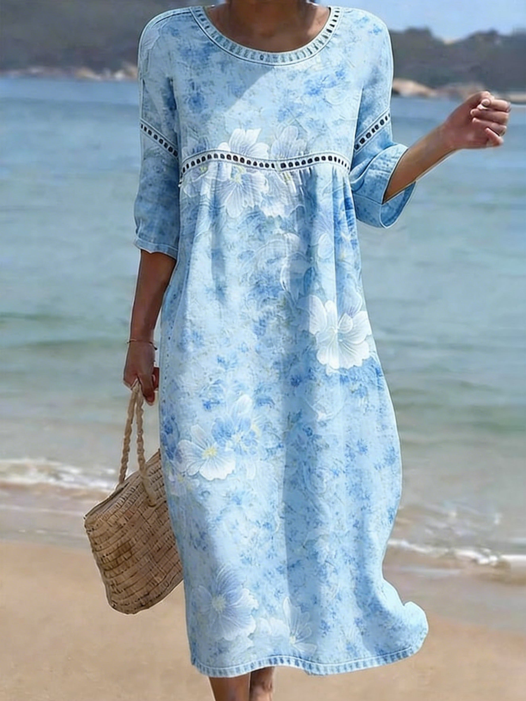 Women's Folk Flowers Print Crew Neck Cotton Pocket Dress