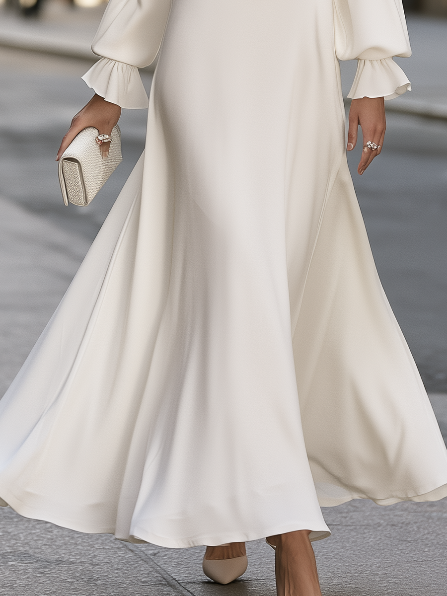 Tie-Neck Lace-Panel Balloon-Sleeve Maxi Dress