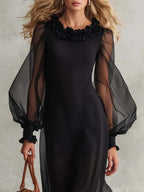 Black Sheer Organza Maxi Dress Ruffle Neck Puff Long Sleeve Lined Flowy Evening Gown