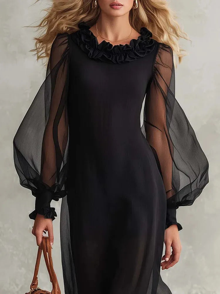 Black Sheer Organza Maxi Dress Ruffle Neck Puff Long Sleeve Lined Flowy Evening Gown