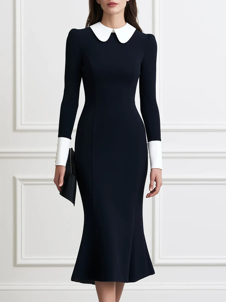 Contrast Peter Pan Collar Long Sleeve Fishtail Midi Dress