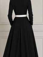 Black White Contrast Lapel Belted Pleated A-Line Blazer Midi Dress