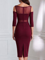 Elegant Cold Shoulder Mesh Panel Bodycon Midi Dress