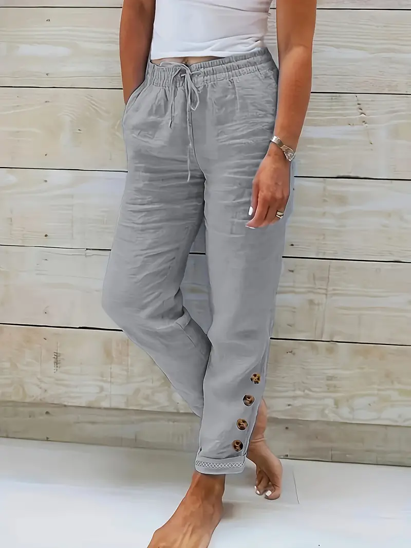 Solid Color Drawstring Waist Cotton Pants