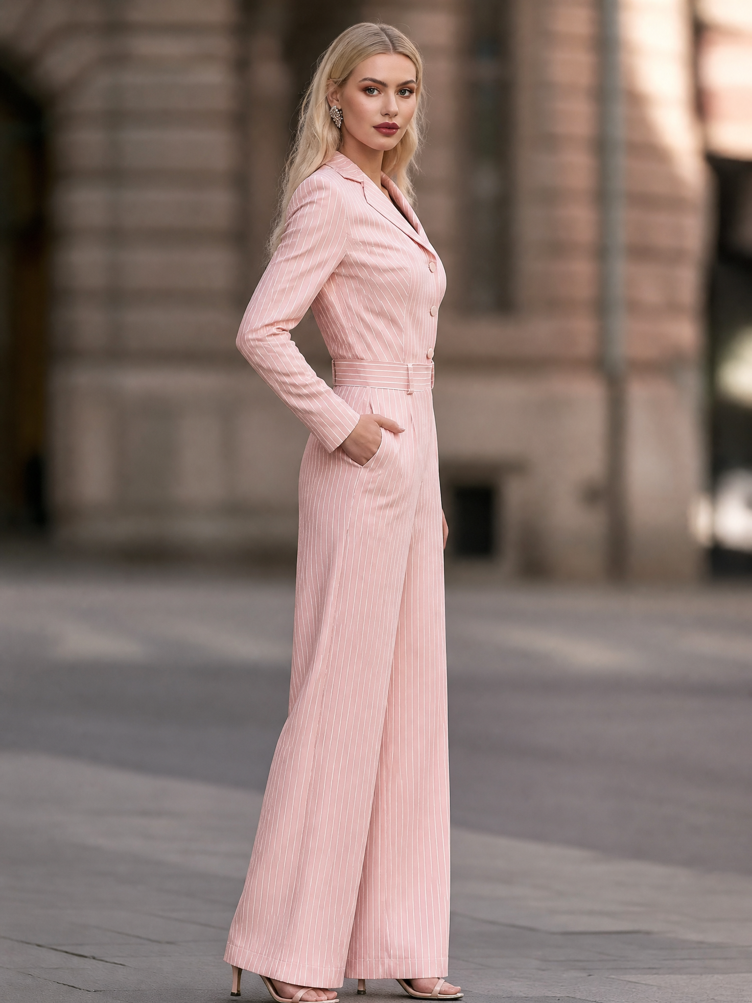 Women's Pinstripe Long Sleeve Notch Collar Wide Leg Jumpsuit with Belt