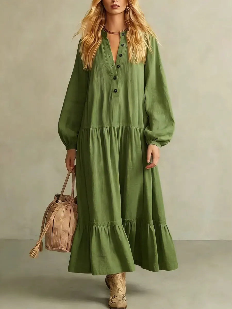 Women's Solid Color Long Sleeve Button Art Casual Stylish Cotton Linen Dress