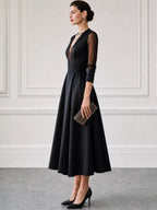 Satin Plunge-Neck Mesh-Sleeve Fit-and-Flare Midi Dress