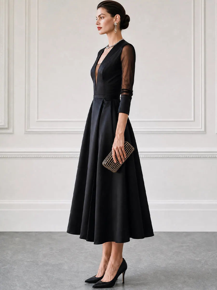 Satin Plunge-Neck Mesh-Sleeve Fit-and-Flare Midi Dress