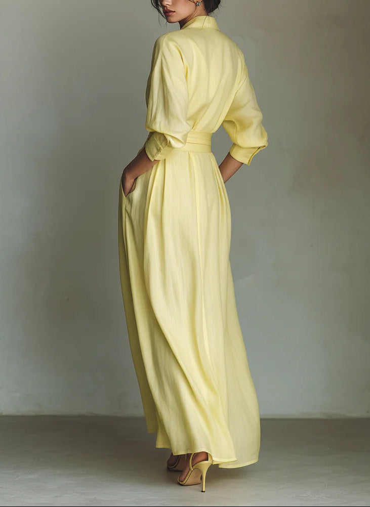 Yellow  Maxi Shirt Dress With Tie Waist & Half Sleeves