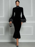 Velvet Mock-Neck Tiered Bell-Sleeve Mermaid Midi Dress