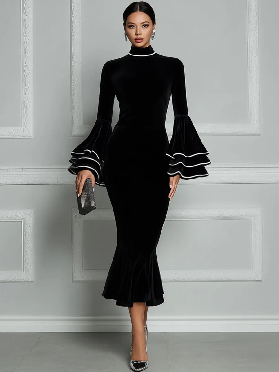Velvet Mock-Neck Tiered Bell-Sleeve Mermaid Midi Dress