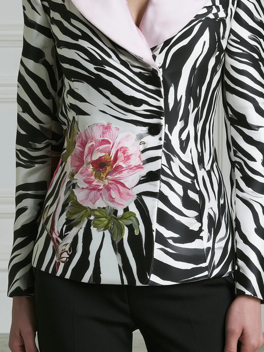 Floral Zebra Print Contrast-Lapel Tailored Blazer