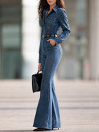 Denim Long Sleeve Flare Leg Jumpsuit With Belt