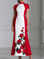 Stand Collar Color Block Red Rose Print Maxi Dress