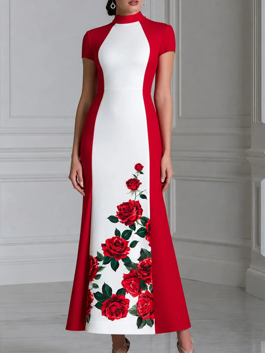 Stand Collar Color Block Red Rose Print Maxi Dress