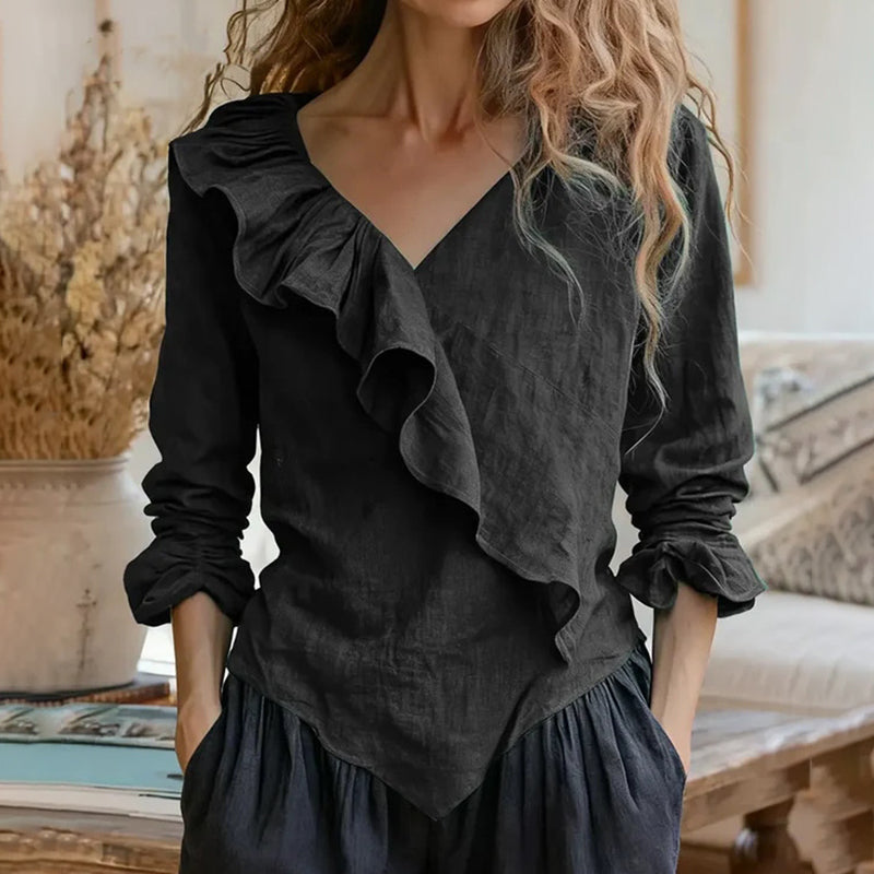 Women's Elegant Ruffled Cotton Linen Top