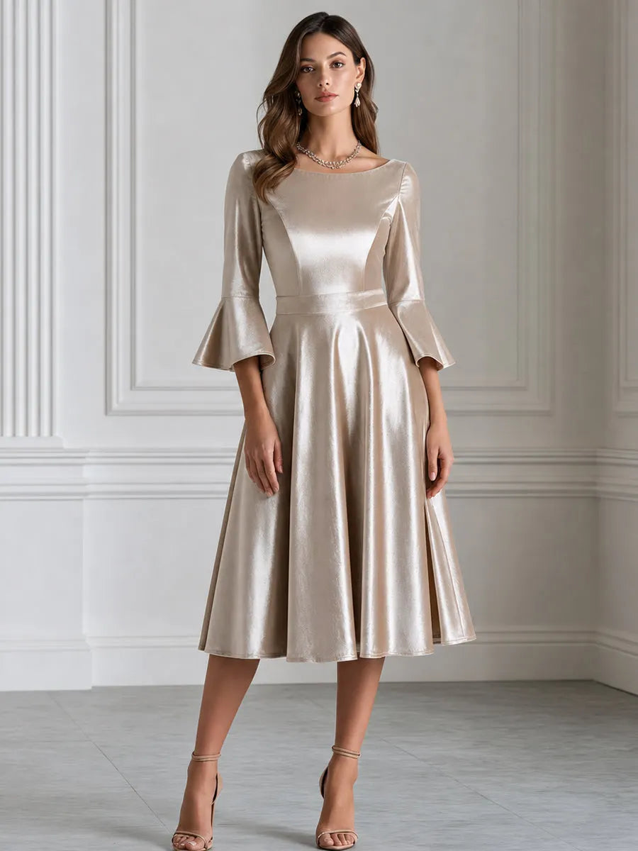 Champagne Velvet Bell-Sleeve A-Line Midi Dress