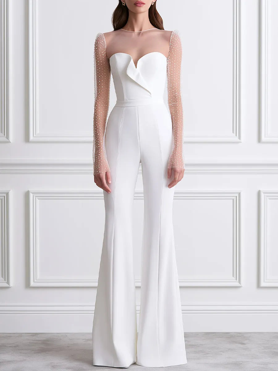 Illusion Mesh Long Sleeve Sweetheart Flare Jumpsuit