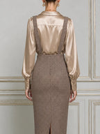 Champagne Satin Shirt Collar Blouse & Brown Houndstooth Suspender Pencil Midi Dress Two-Piece Set