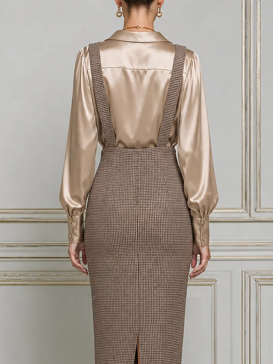 Champagne Satin Shirt Collar Blouse & Brown Houndstooth Suspender Pencil Midi Dress Two-Piece Set