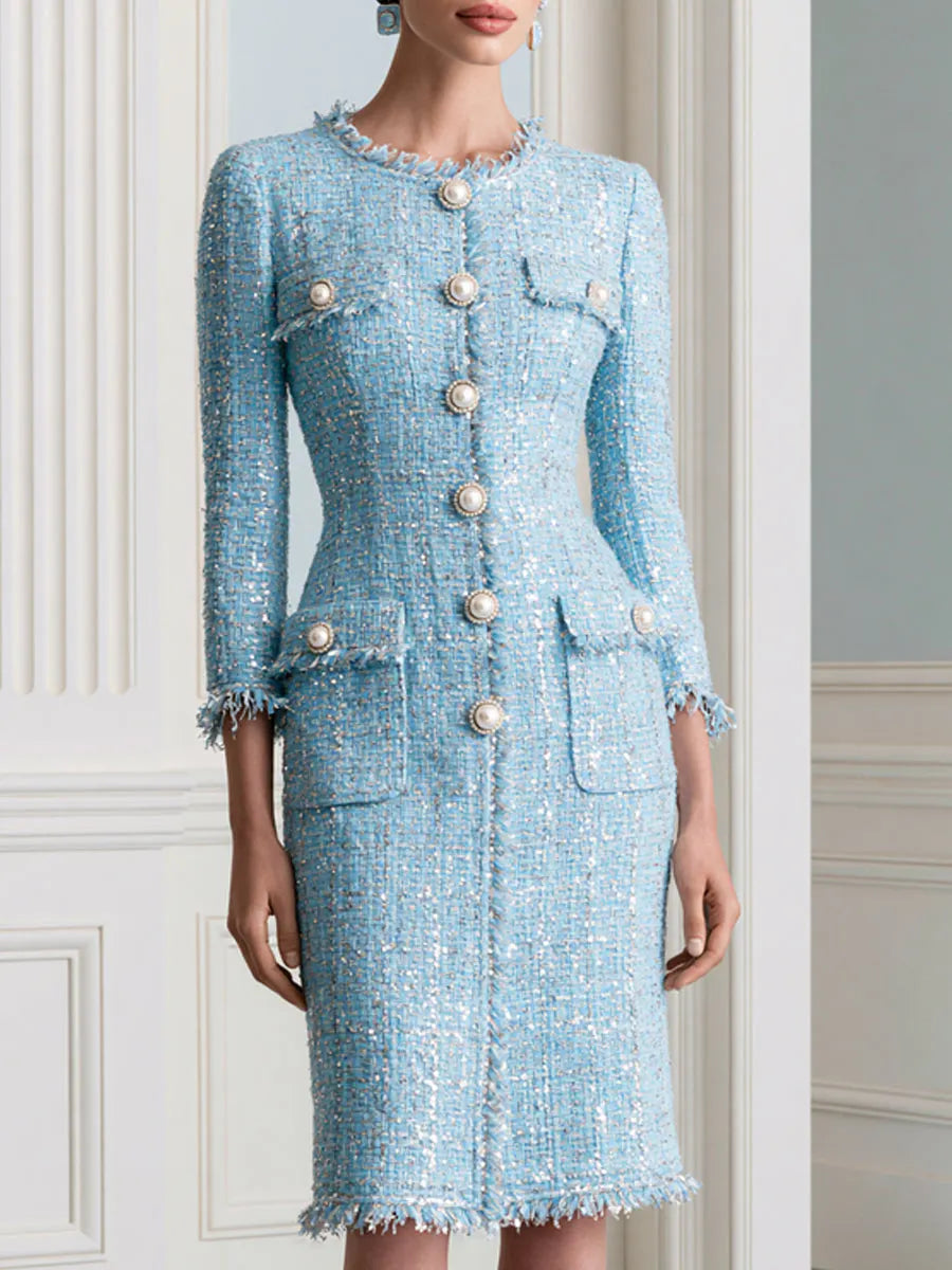 Elegant Sparkle Tweed Pearl Buttons Midi Dress