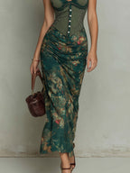 Vintage Lace Trim Striped Flower Print Maxi Dress